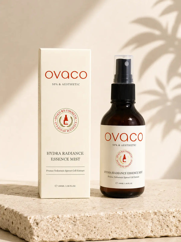 OVACO Hydra Radiance Essence Mist · bruma facial hidratante coreana con hialurónico, niacinamida y ginseng rojo · cosmética premium Silvia Moreno