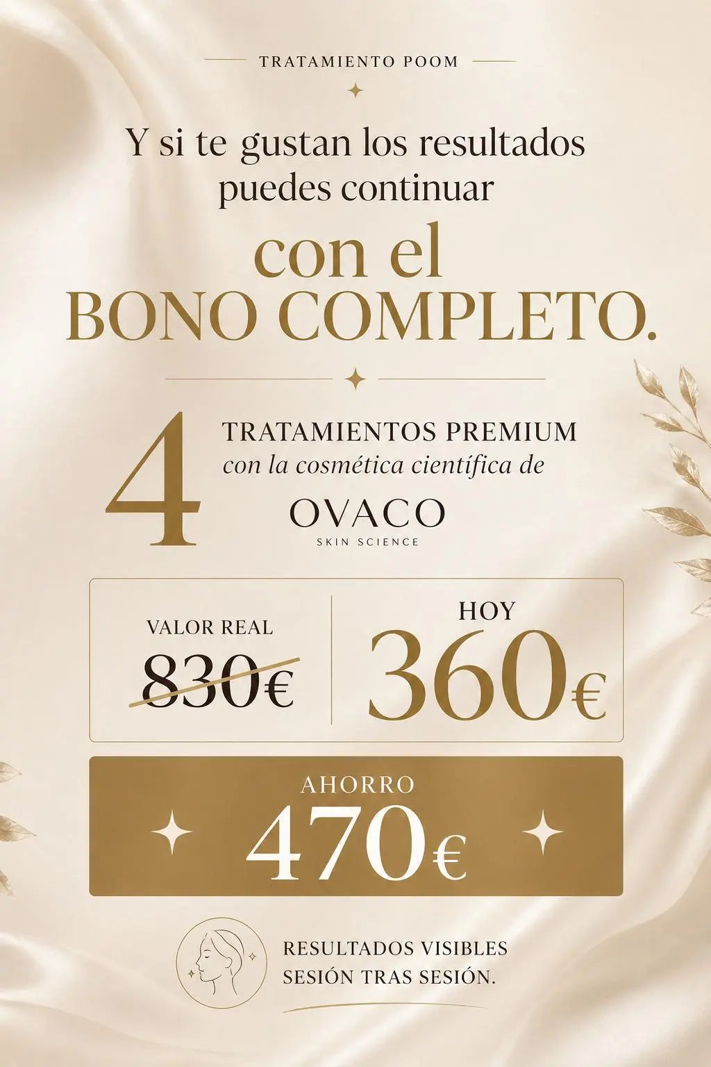 Tratamiento POOM · Bono completo. 4 tratamientos premium con la cosmética científica OVACO. Valor real 830€, precio especial 360€. Ahorro de 470€. Resultados visibles sesión tras sesión.